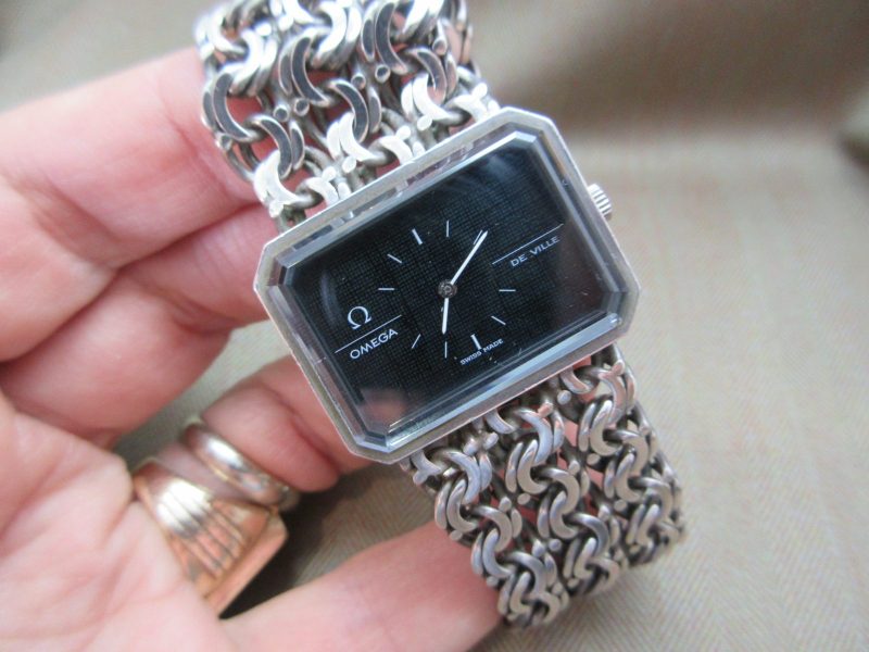 Omega Vintage Andrew Grima Silver Green Dial Wave-Link Bracelet with Box