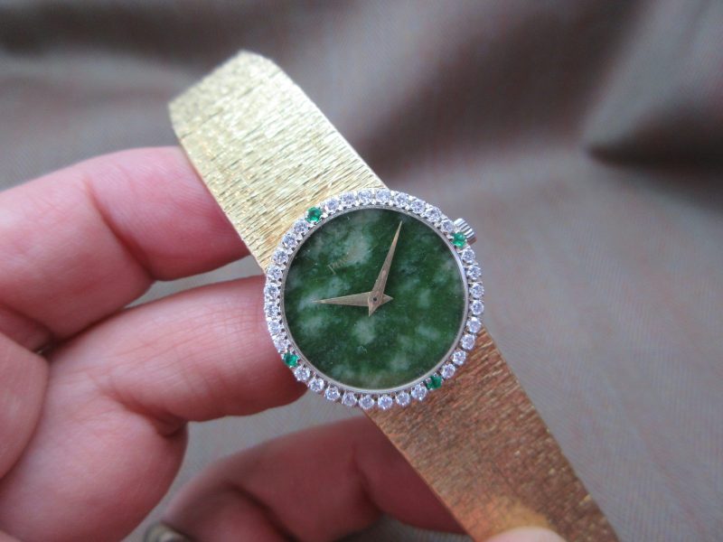 Piaget Vintage  18k Jade Dial Diamond & Emerald Bezel Ladies Watch 9706