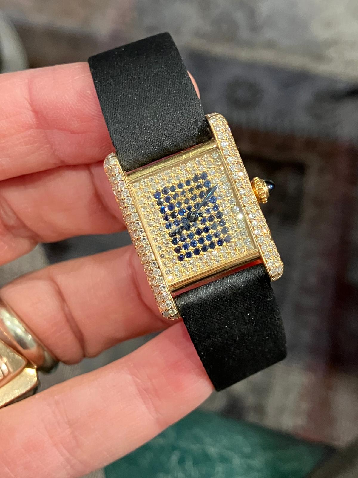 Cartier Vintage Tank Louis Cartier 1970s 18k Pave Diamond & Sapphire - Image 2