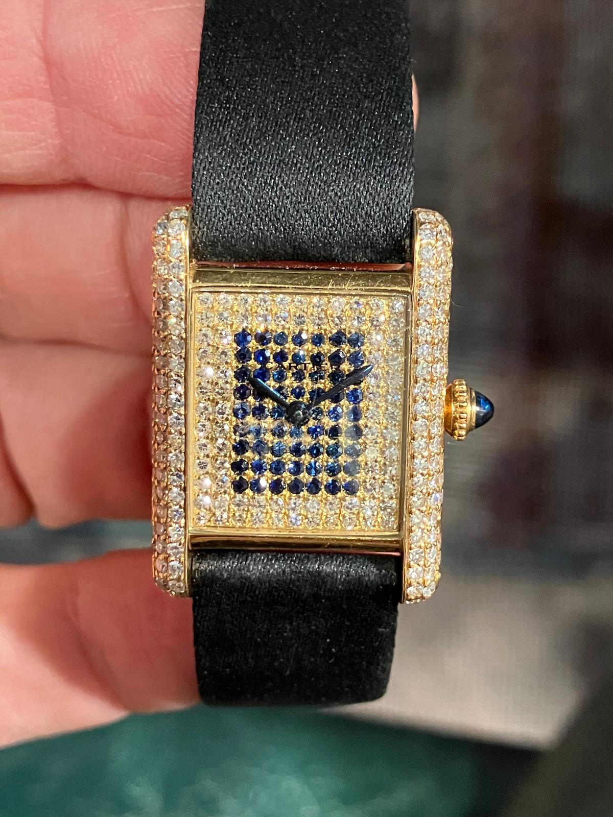 Cartier Vintage Tank Louis Cartier 1970s 18k Pave Diamond & Sapphire - Image 3