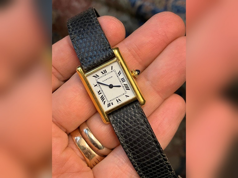 Cartier vintage tank 78087 18k manual wind with original strap and 18k tang buckle